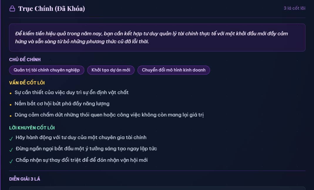 Diễn giải kết quả Tarot chi tiết Giao diện diễn giải kết quả Tarot chi tiết trên ứng dụng Huyền Cơ