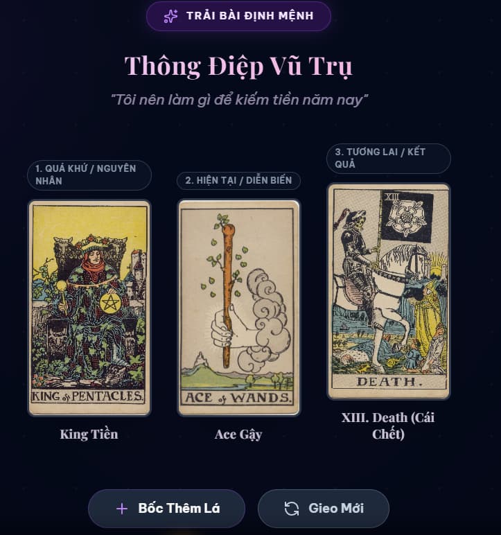 Trải bài Tarot trực tuyến Giao diện trải bài Tarot trực tuyến trên ứng dụng Huyền Cơ